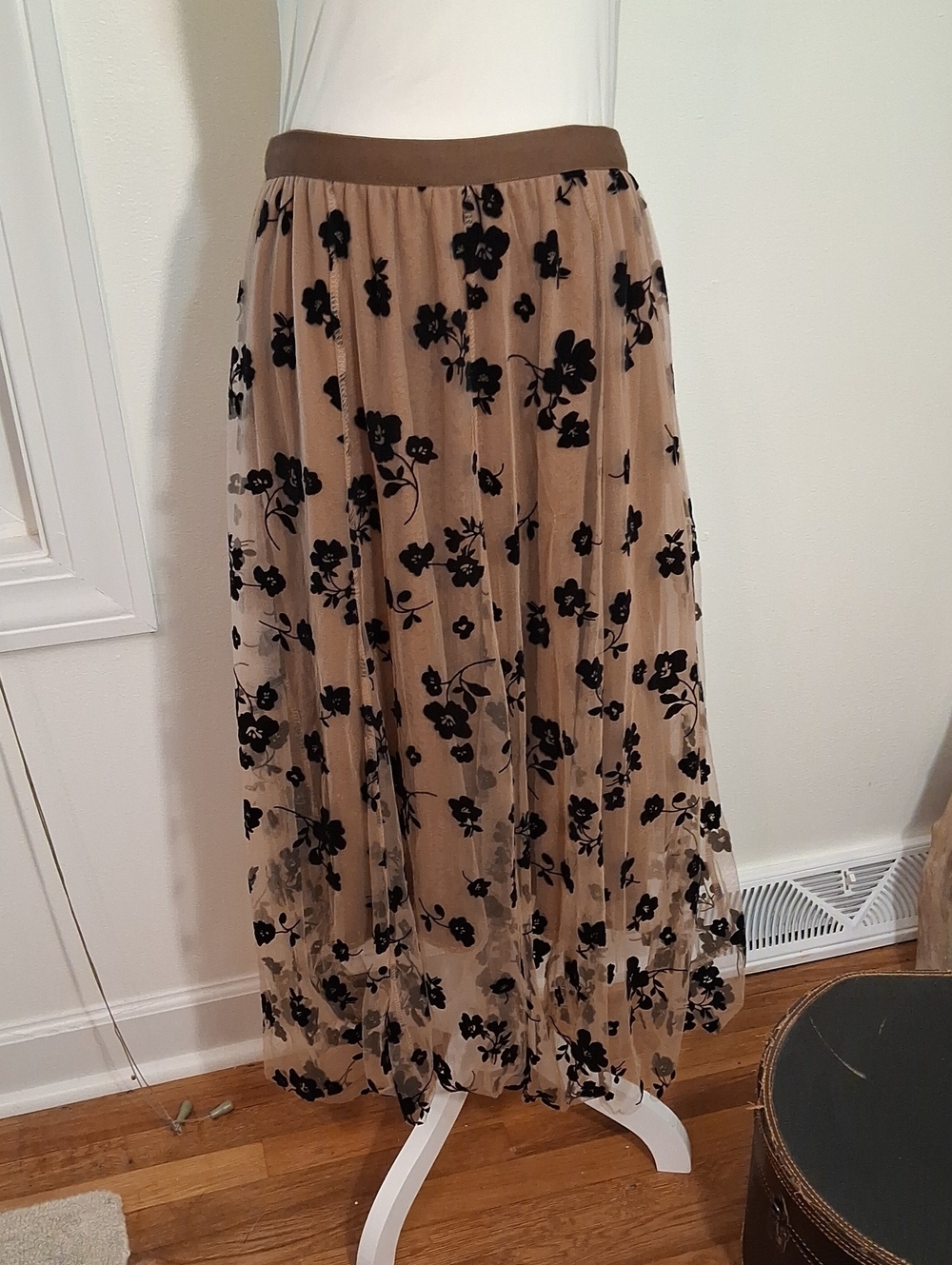 Beige Floral Mesh Maxi Skirt with Black Velvet Flower Print